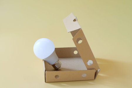 Light bulb in cardboard box on color background.
