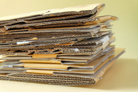 Stack of cardboard pieces on color background.