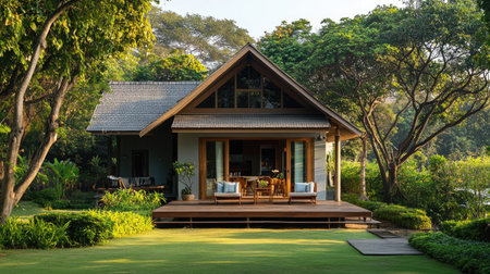 A charming beach house with a garden and open space for branding or textの素材
