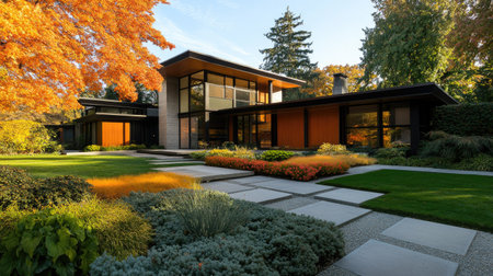 A contemporary home exterior with clean lines and vibrant landscaping, offering plenty of empty space around the house for copyの素材