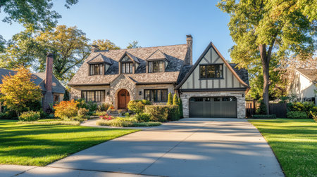 A charming suburban home with a large driveway and space for copy aboveの素材
