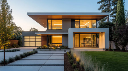 A modern house with a sleek exterior and spacious yard, room for copyの素材