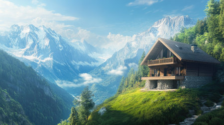 A beautiful mountain cabin with a balcony and space for copy in the skyの素材