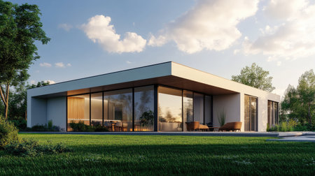 A charming modern house with large windows and a spacious lawn, plenty of sky for copy space, no peopleの素材