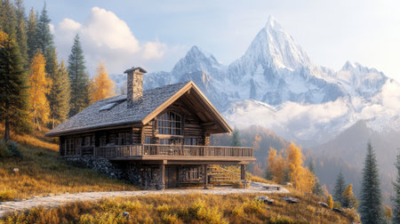 A beautiful mountain cabin with a balcony and space for copy in the skyの素材