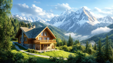 A beautiful mountain cabin with a balcony and space for copy in the skyの素材