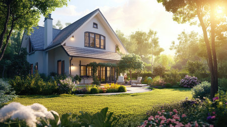 A charming, popular house with a stylish facade and lush garden, with open space on the side for text or brandingの素材