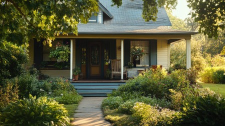 A cozy country house with a front porch and lush surroundings, space for copyの素材