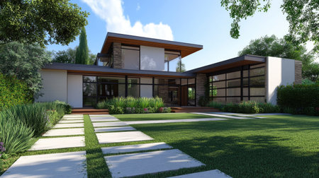 A contemporary home exterior with clean lines and vibrant landscaping, offering plenty of empty space around the house for copyの素材