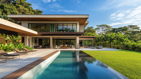 A modern villa with a pool and spacious lawn, ideal for text or brandingの素材