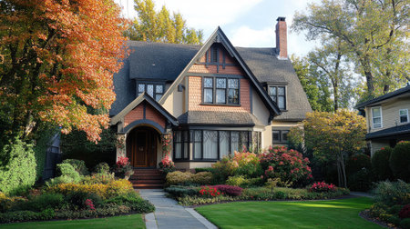 A well-designed, beautiful house in a serene neighborhood, with space around it for copy, emphasizing the property's curb appealの素材