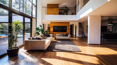 A modern house with an open floor plan and large windows, room for text aboveの素材