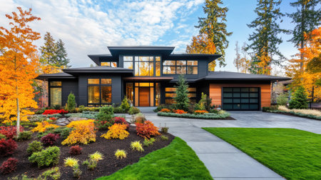 A contemporary home exterior with clean lines and vibrant landscaping, offering plenty of empty space around the house for copyの素材