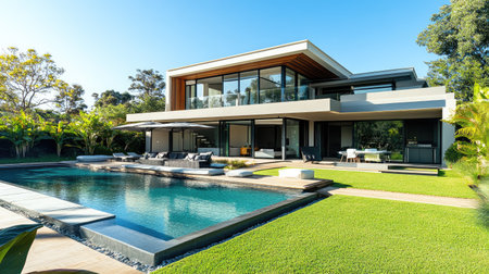 A modern villa with a pool and spacious lawn, ideal for text or brandingの素材