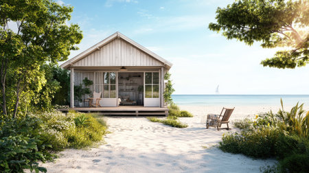 A charming beach house with a garden and open space for branding or textの素材