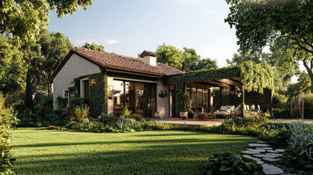 A charming, popular house with a stylish facade and lush garden, with open space on the side for text or brandingの素材