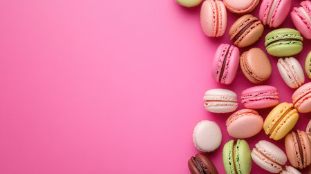 A colorful array of macarons with space for branding or textの素材