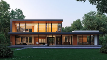 A modern house with an open floor plan and large windows, room for text aboveの素材