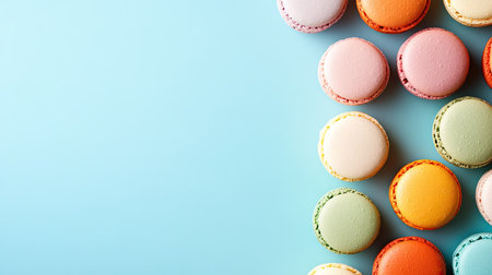 A colorful array of macarons with various flavors, space for branding or textの素材