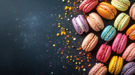 A colorful array of macarons with various flavors, space for brandingの素材