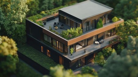 A contemporary house with a rooftop terrace and space for branding or textの素材