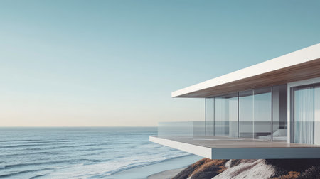 A sleek beach house with a wrap-around deck and space for text in the skyの素材