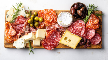 A flat lay of a charcuterie board with meats and cheeses, with room for copyの素材