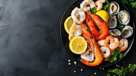 A flat lay of a fresh seafood platter with lemon wedges, space for textの素材