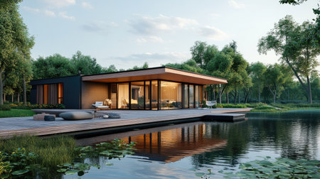 A stylish lakeside home with a deck and clear space for text or brandingの素材