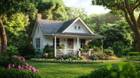 A cozy country house with a front porch and lush surroundings, space for copyの素材