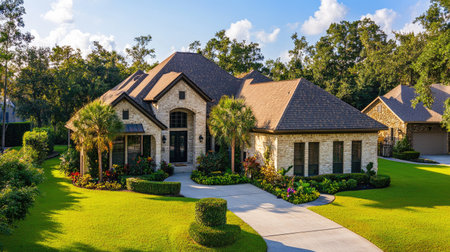 A well-designed, beautiful house in a serene neighborhood, with space around it for copy, emphasizing the property's curb appealの素材