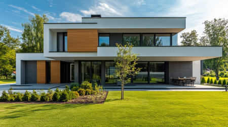 A modern house with a sleek exterior and spacious yard, room for copyの素材