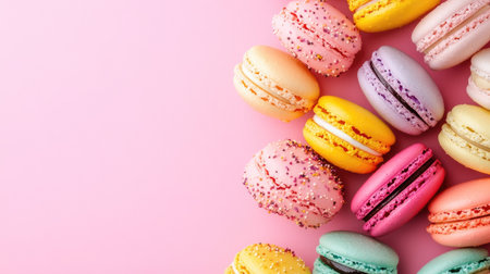 A colorful array of macarons with space for branding or textの素材
