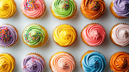 A colorful array of cupcakes with icing and sprinkles, space for branding or textの素材