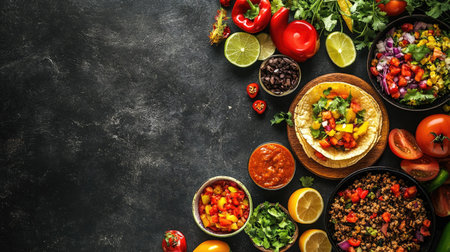 A colorful taco spread with fresh ingredients and toppings, space for branding or textの素材
