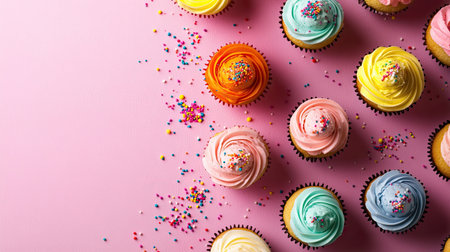 A colorful array of cupcakes with icing and sprinkles, space for copyの素材