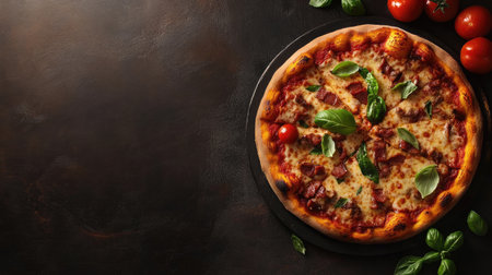 A flat lay of a gourmet pizza with a crispy crust, with room for copyの素材