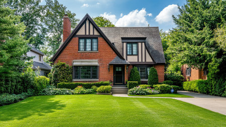 A traditional home with a brick exterior and well-kept lawn, space for copyの素材