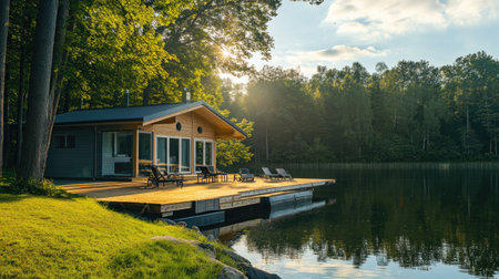 A stylish lakeside home with a deck and clear space for text or brandingの素材