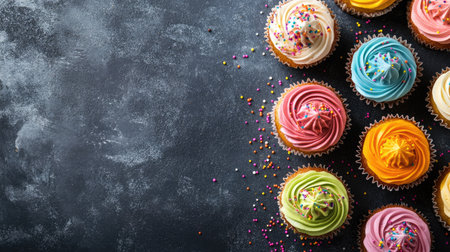 A colorful array of cupcakes with icing and sprinkles, space for branding or textの素材