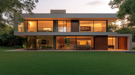 A modern house with a sleek exterior and spacious yard, room for copyの素材