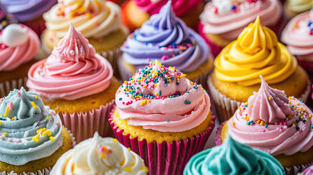 A colorful array of cupcakes with icing and sprinkles, space for branding or textの素材