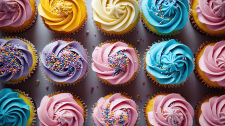 A colorful array of cupcakes with icing and sprinkles, space for branding or textの素材