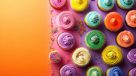A colorful array of cupcakes with icing and sprinkles, space for textの素材