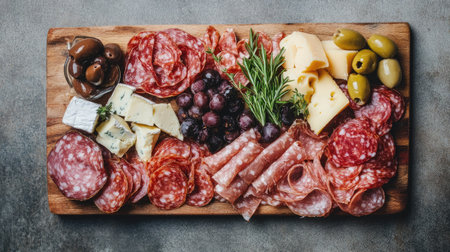 A flat lay of a charcuterie board with meats and cheeses, with room for copyの素材