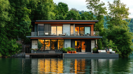 A stylish lakeside home with a deck and clear space for text or brandingの素材