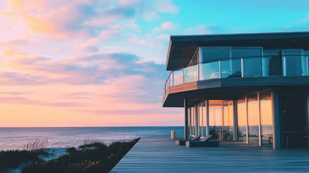 A sleek beach house with a wrap-around deck and space for text in the skyの素材