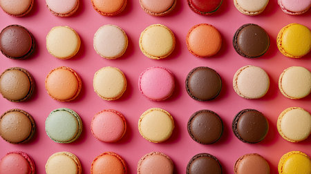 A colorful array of macarons with various flavors, space for branding or textの素材
