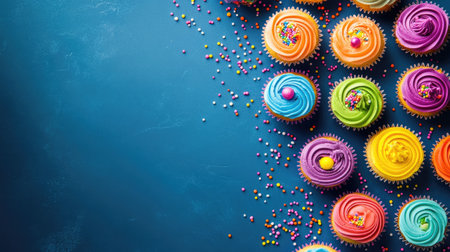 A colorful array of cupcakes with icing and sprinkles, space for branding or textの素材