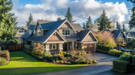 A well-designed, beautiful house in a serene neighborhood, with space around it for copy, emphasizing the property's curb appealの素材
